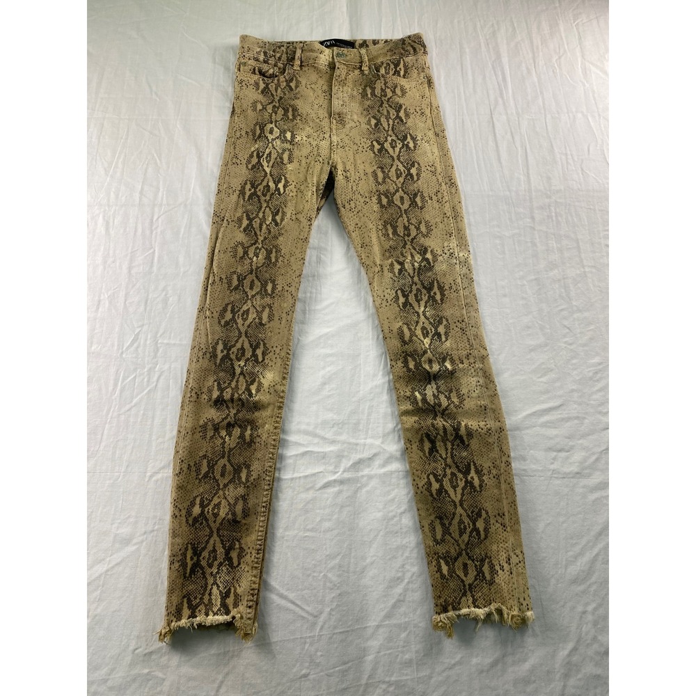Zara Print Skinny Jeans Tan Black Raw Hem High Rise Womens Size 4